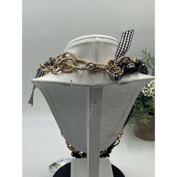 Betsey Johnson Heavy Multistrand Necklace Gold Tone Black White Ribbon Bow Charm - Picture 8 of 14